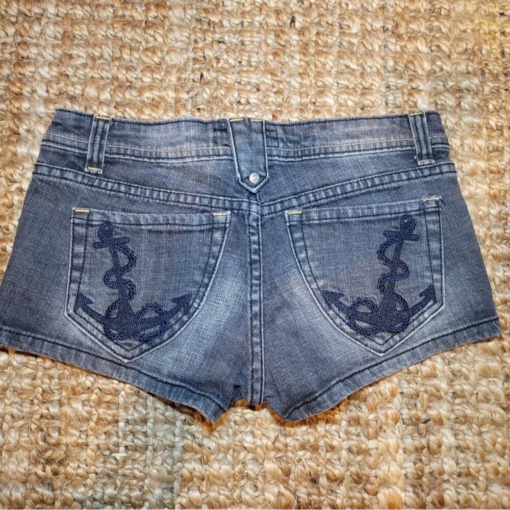 Vintage Y2K Low Rise Denim Micro Jean Shorts Black Nautical Anchor Butt logo 4 M